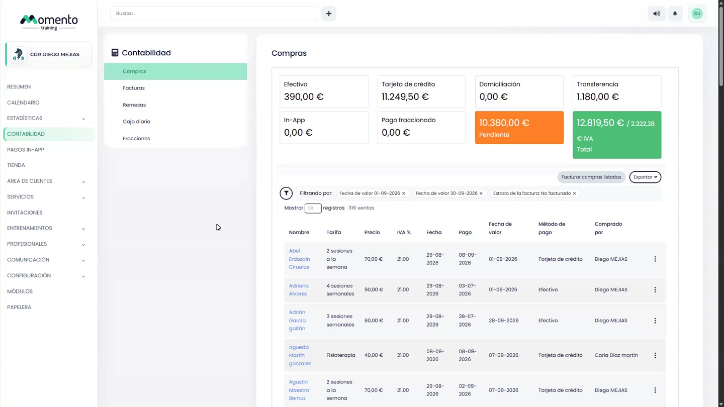 Captura del panel: Gestionar contabilidad, facturas, remesas y caja