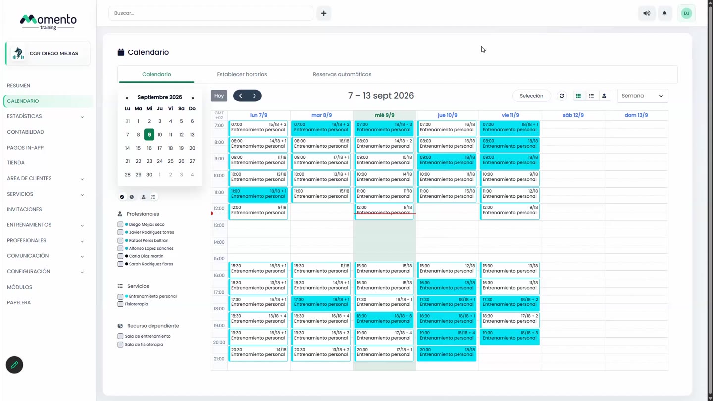 Captura del panel: Gestionar el calendario, sesiones y horarios