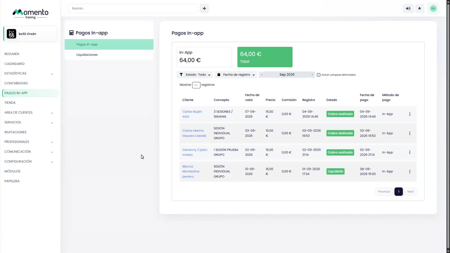 Tabla de pagos In-app y liquidaciones