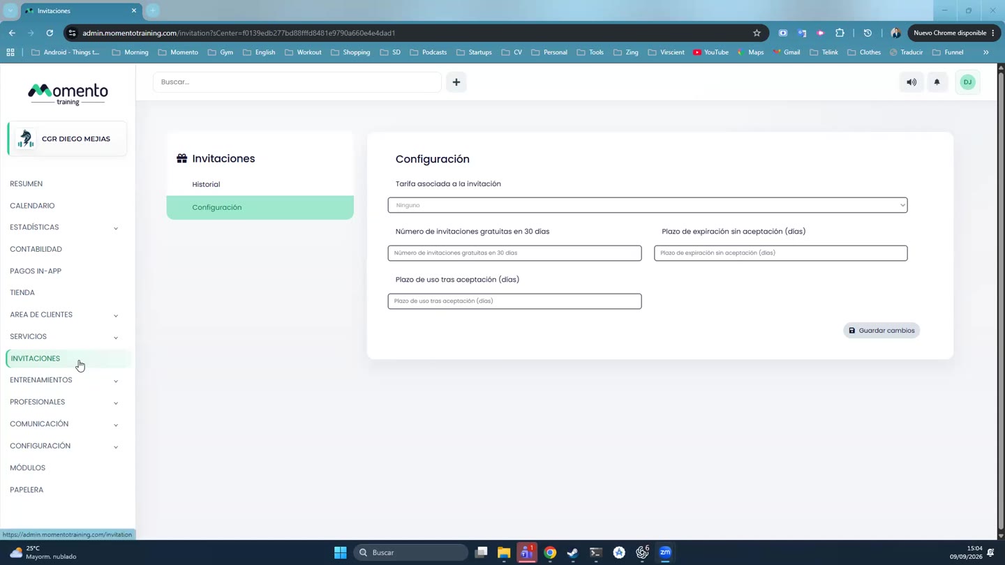 Captura del panel: Gestionar invitaciones y canjes