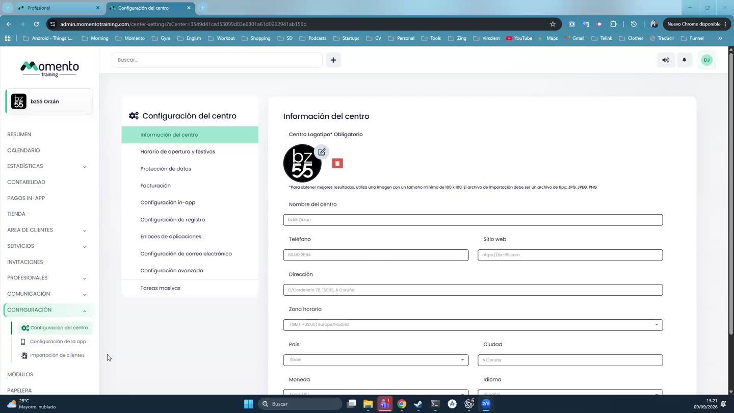 Captura del panel: Configurar el centro, la app y tareas masivas