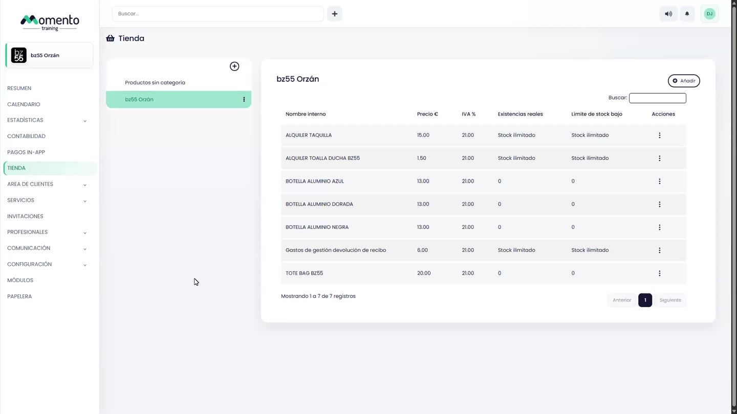 Captura del panel: Configurar tienda, productos, stock y ventas